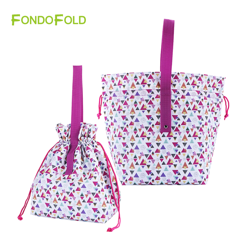 Custom Pattern Thermal Food Storage Bag Polyester Floral Lunch Tote with Matching Mini Drawstring Pouch